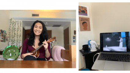 Left: Tasha Elizarde playing the ukelele; Right: a laptop playing a film