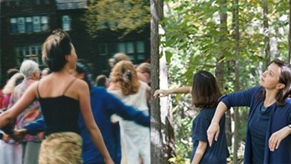 Two parallel images show groups of college students dancing. Left: the backs of a large group of students dancing near a brick building, about 2001. Right: two students wearing dark blue tops hold their arms askew in the woods, 2018.