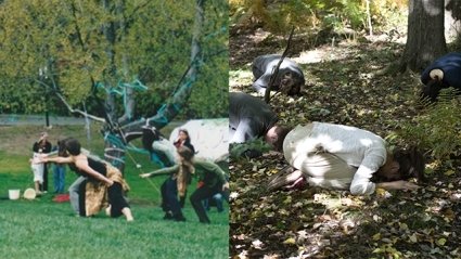 Two parallel images show groups of college students dancing. Left: about nine students around a tree wrapped in blue ribbon, about 2001. Right: four students crouch in child’s pose near a tree in the woods, 2018.