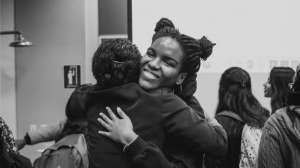 Two students hugging at LEAP 2018.