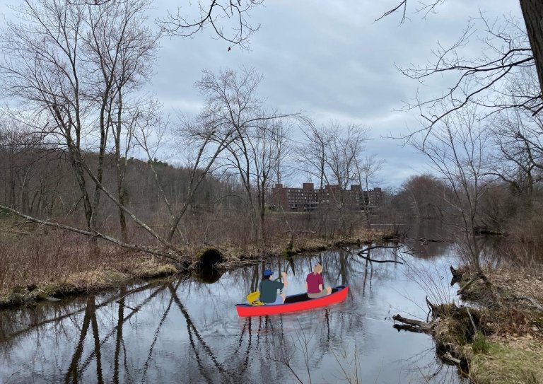 A photo of Mount Holyoke’s Upper Lake with drawings of people added. Illustration by Skylar Hou ’22