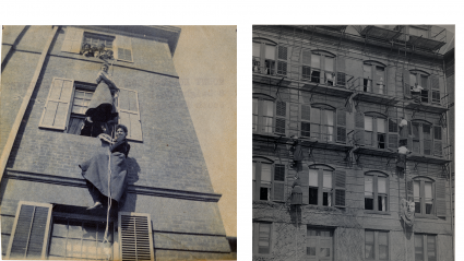 Side by side photo: Students practice climbing out of residence halls windows during fire drills, ca. 1903 (left) and 1920 (right)