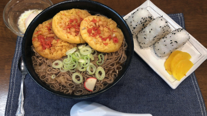 Homemade soba and onigiri