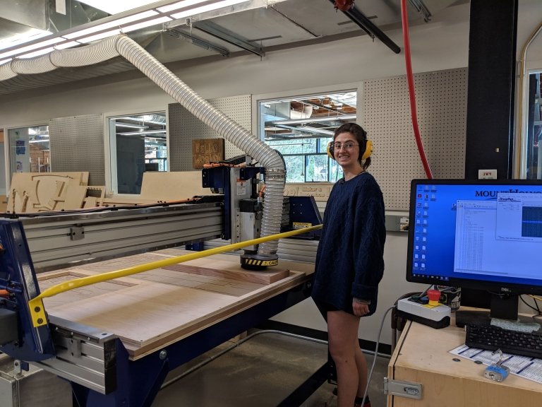 Student helps making the Fimbel Lab's reception desk.