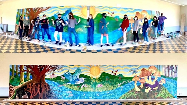 Top panel: the artists stand with their work. Below: The final mural.