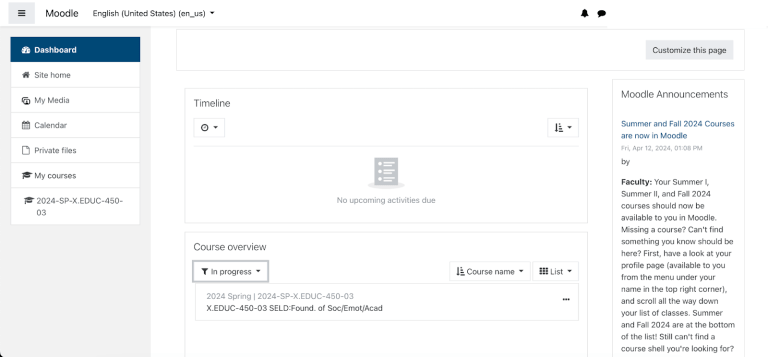 You will see your course on the Moodle dashboard if registration was successful.