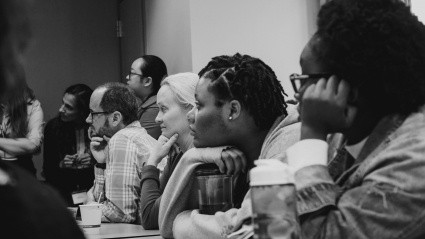 Students, faculty and staff listen to a presentation at LEAP 2018.