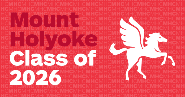 Horizontal graphic with red background and pegasus. Mount Holyoke Class of 2026.