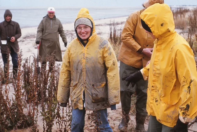 Betty Ann Allen ’72, center, during geology graduate studies conducts research on the coast of Delaware Bay, circa 1975.