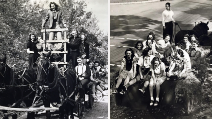 Two groups of students enjoying the horse drawn hayride on Mountain Day in the 1940s.