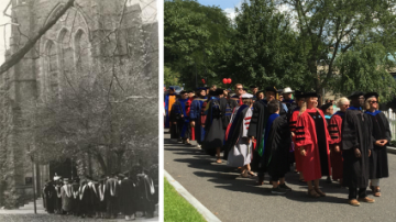 Archival photo of the Convocation procession in the 1930s and a photo of the Convocation procession in 2018