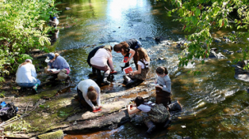 Students learning about the environment on campus outdoors in a stream.