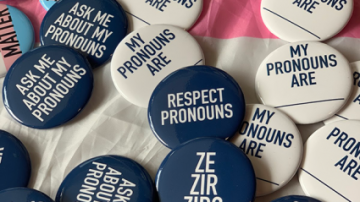 Buttons that say "Ask me about my pronouns", "Respect pronouns" and "My pronouns are" to celebrate Pronouns Day