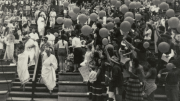 Celebrating in the ampitheater during the first Pangy Day, 1980