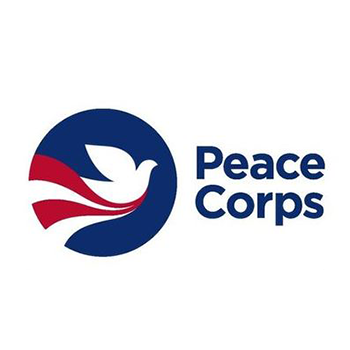 Peace Corps Logo with a dove in white with a blue and red background