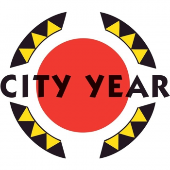 Logo for City Year, with a red circle and black and yellow decorative elements.