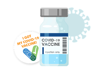 Illustration of a bottle of the COVID-19 vaccine and a sticker that says "I got my COVID-19 vaccine!"