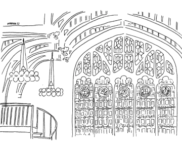 A line drawing of the Mount Holyoke College library reading room suitable for coloring