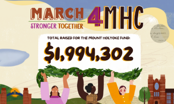 Graphic depicting students holding up a banner "March4MHC Stronger Together.  Total raised for the Mount Holyoke Fund: $1,994,302"