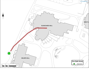 Fire Evacuation Assembly area for Blanchard Hall is on Skinner Green across from Wilder Hall
