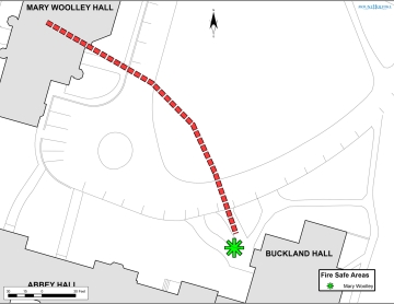 Fire assembly location for Mary Woolley Hall is along Mary Woolley Green near Buckland Hall
