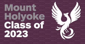 Horizontal graphic with purple background, phoenix on the right and the words Mount Holyoke Class of 2023 on the left