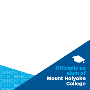 Square photo frame with blue triangles in the bottom corners, a mortar board icon and the words Officially an alum of Mount Holyoke College
