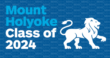 Horizontal graphic with blue background and lion. Mount Holyoke Class of 2024.