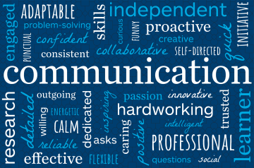 Wordcloud of words that describe MHC students, such as communication, independent, professional, learner, adaptable, hardworking and effective