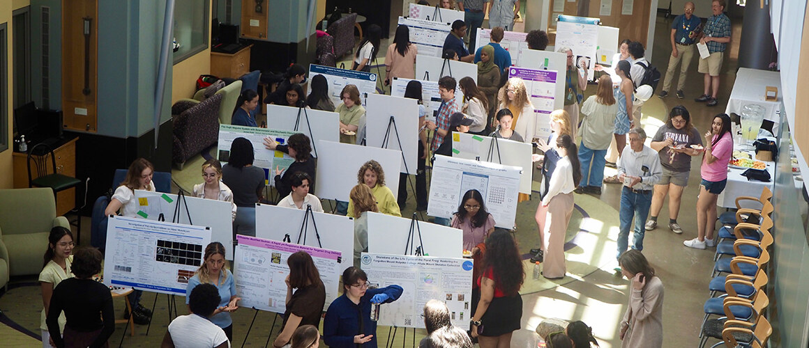 Student researchers presented their posters in the Marion Craig Potter ’49 Atrium. Photo courtesy of Katie Berry.