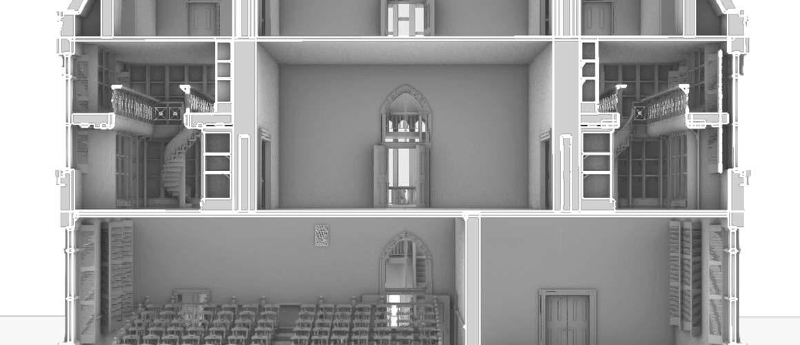 A 3D depiction of the inside of a campus building in the 19th century
