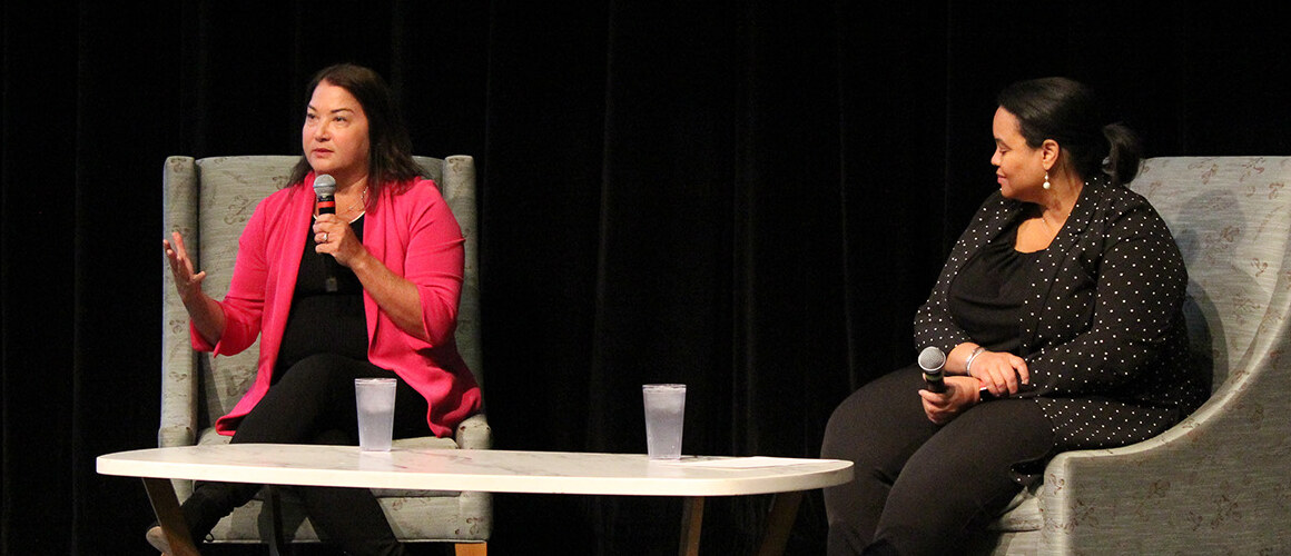 Alafair Burke and President Holley at Mount Holyoke College discussing their friendship and Alafair's career.