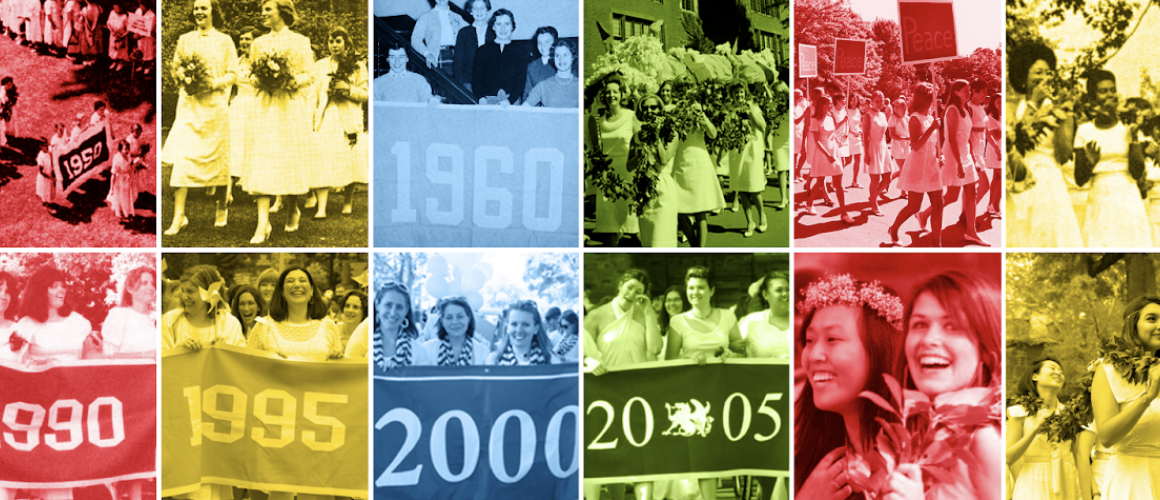 A collage of photos of alum class year banners taken during the Laurel Parade