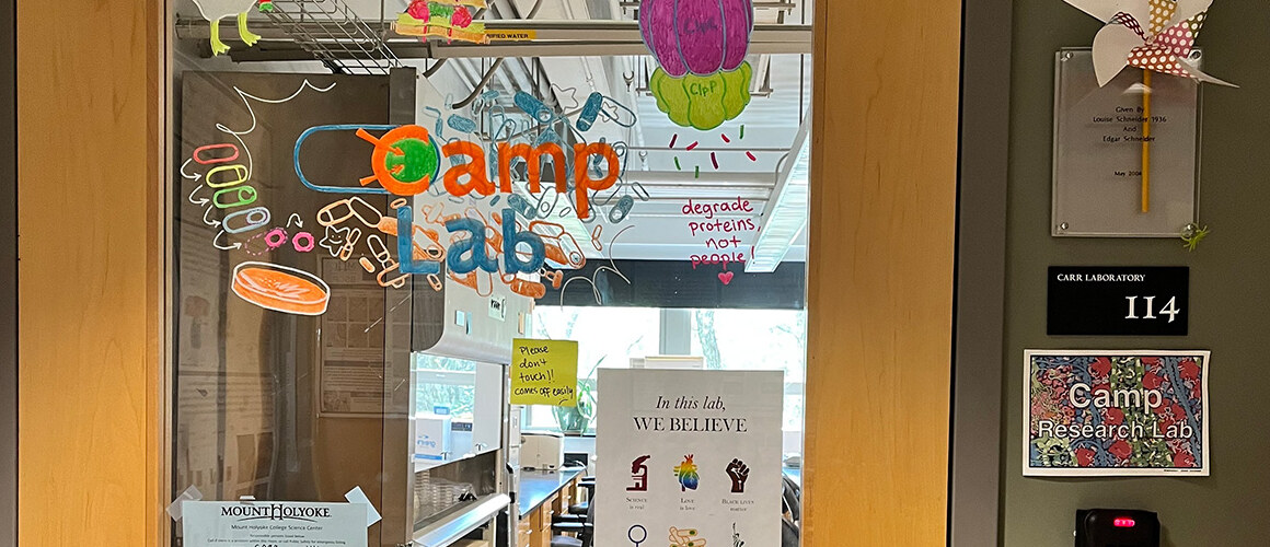 The decorated door to Amy Hitchcock Camp’s lab on the Mount Holyoke College campus.
