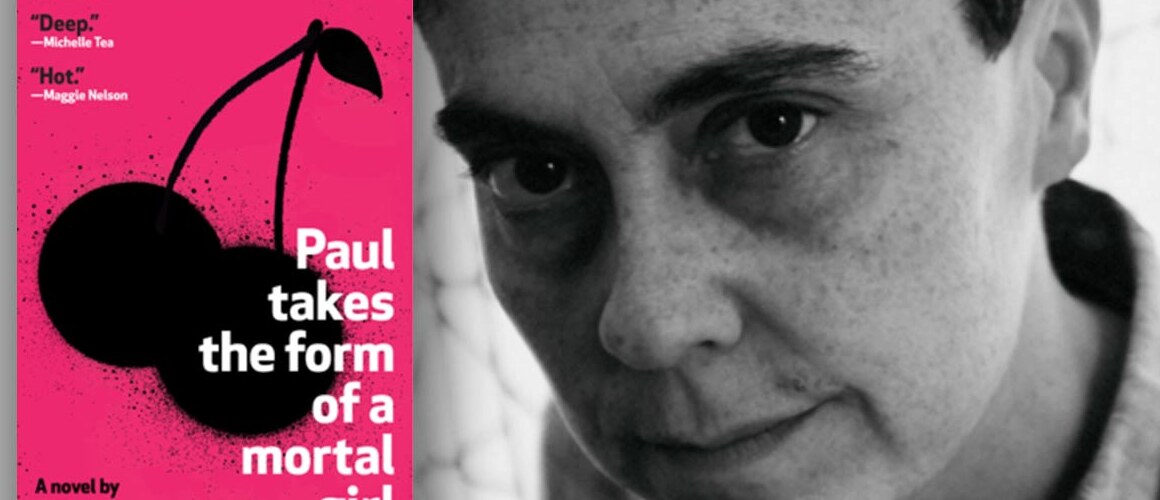 Photo of Andrea Lawlor with book cover for Paul takes the form of a mortal girl
