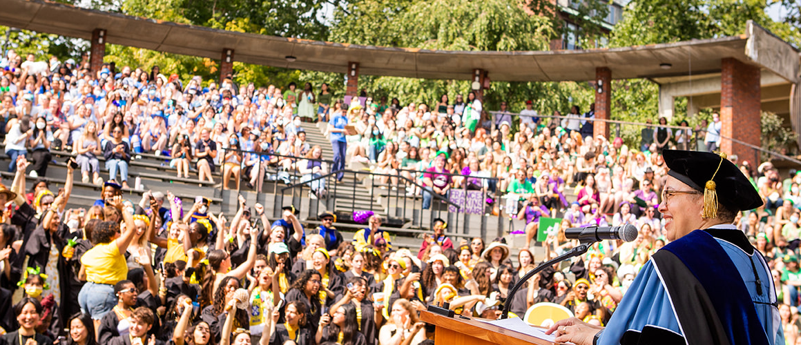 Dr. Beverly Daniel Tatum addresses students during Convocation 2022