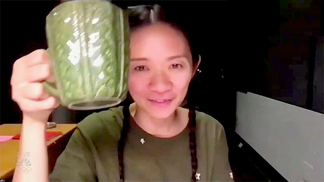 Chloe Zhao accepted her awards over Zoom.