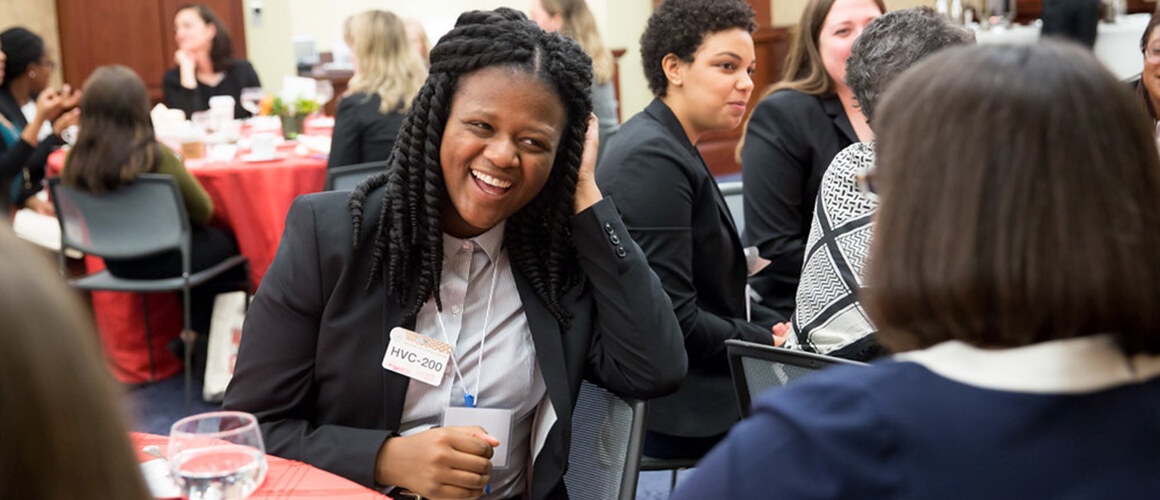 Students meeting with alums during the 2017 site visit to Washington, DC