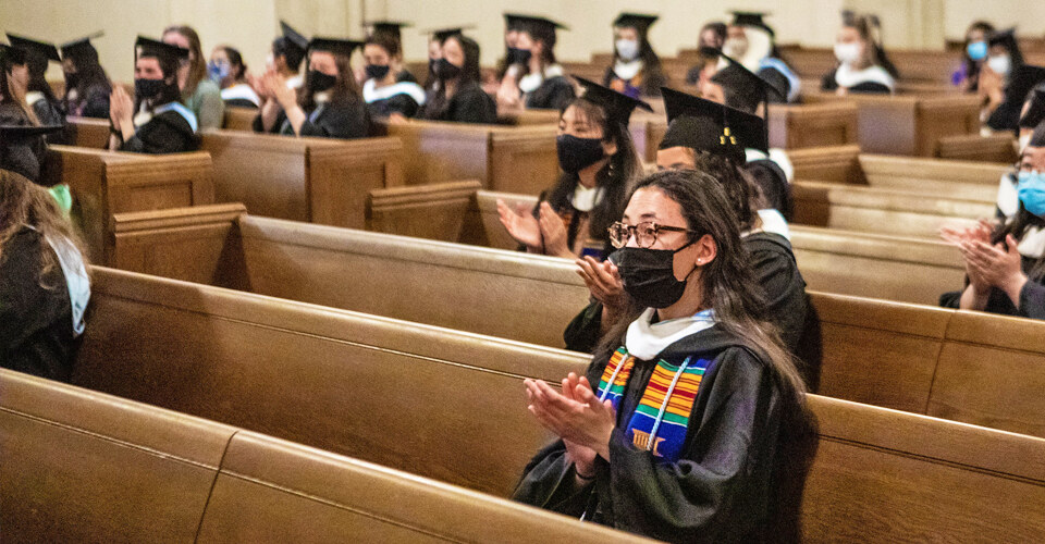 Students on campus attended the Baccalaureate event in regalia, masked and sitting six feet apart.