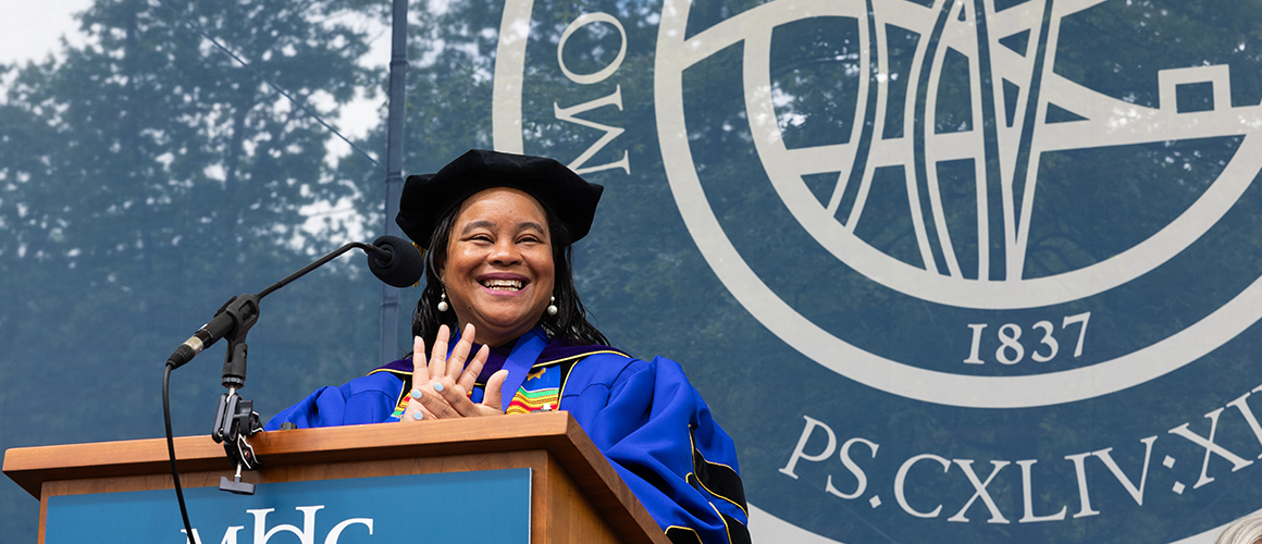 President Holley at the podium, Mount Holyoke Commencement 2024