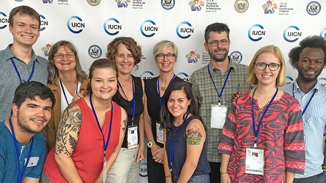 Catherine Corson with interns Julia Worcester ’17, Isabel Flores-Ganley ’17, and Sabine Rogers ’18 and the entire multi-institutional research team at the 2016 World Conservation Congress in September.