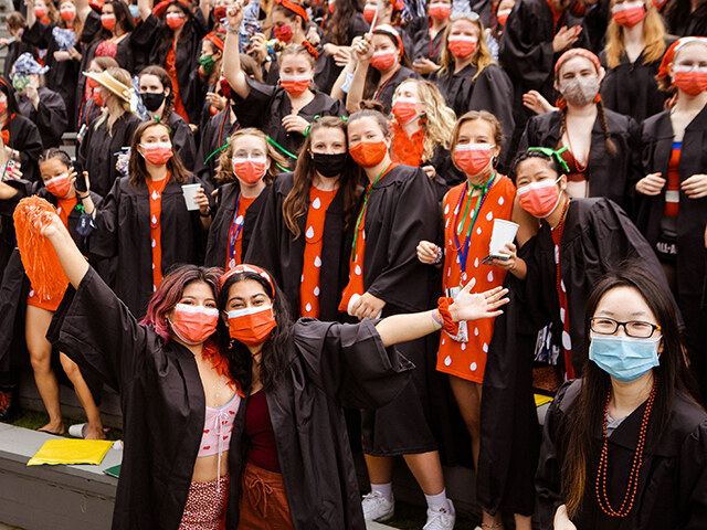 Students cheered in support of their classmates, waved pom-poms, performed the wave and dressed in their class colors. Seniors wore regalia topped with red hats, berets and boas in honor of the red pegasi.