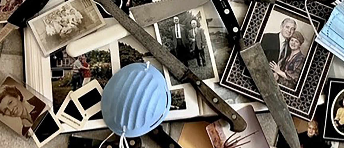 A collection of photos of friends and family piled up with surgical masks, gloves and knives