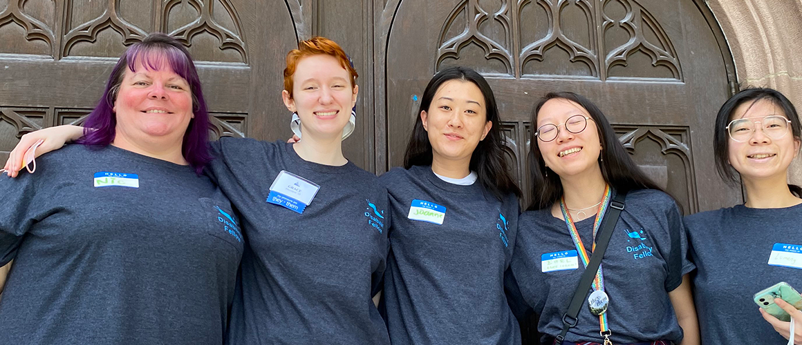 Disability Fellows posing outside of Chapin after tabling about Disability Services during Orientation in 2022. From left to right: Nic McGrath '24, Grace MacIntyre '25, Joanne Ryu '23, Earl Wren '24 and Lumeng Yang '23.