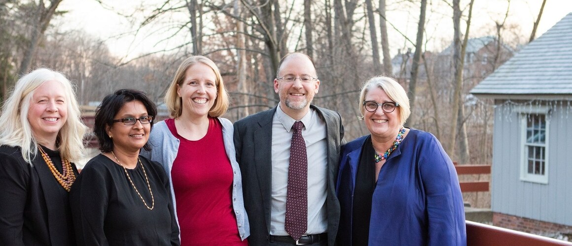 Dean of Faculty Jon Western, far left, and President Sonya Stephens, far right, pose with the 2020 Faculty Award winners prior to the closing of campus. Starting second from left: KC Haydon, Suparna Roychoudhury, Sarah Adelman and James Harold.