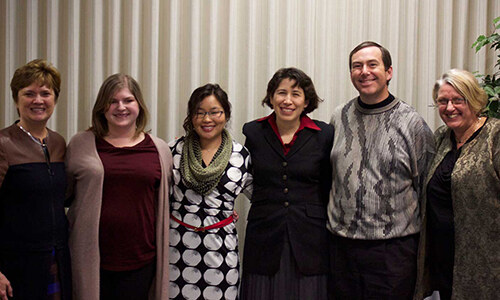 Award-winning faculty members flanked by President Lynn Pasquerella (L) and Vice President for Academic Affairs and Dean of Faculty Sonya Stephens (R)