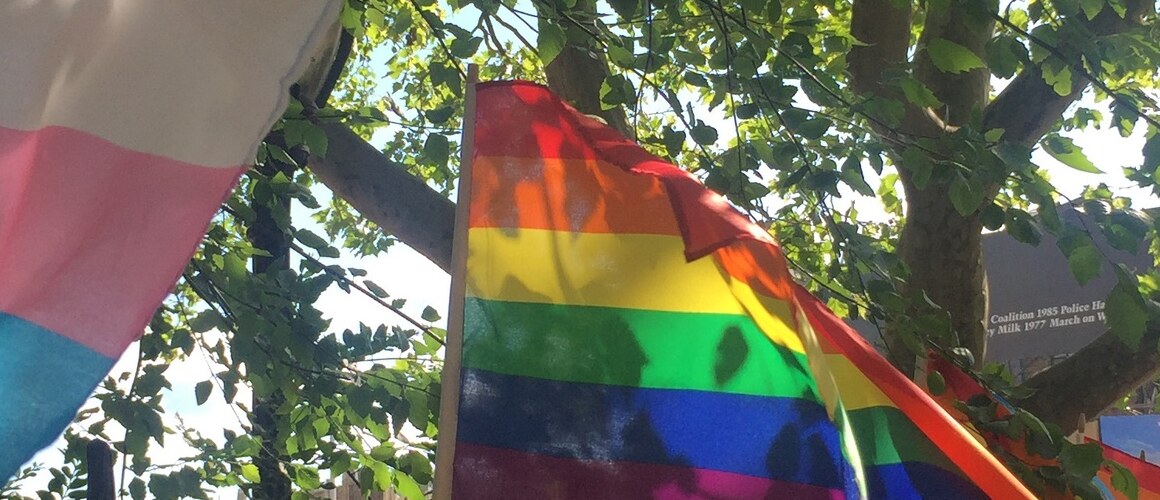 Gay pride and trans pride flags at the Stonewall National Monument. Grace.Mahony, CC BY-SA 4.0