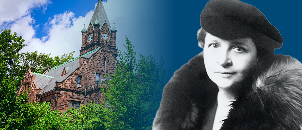 Frances Perkins overlaid on blue with Mary Lyon Hall in the background.