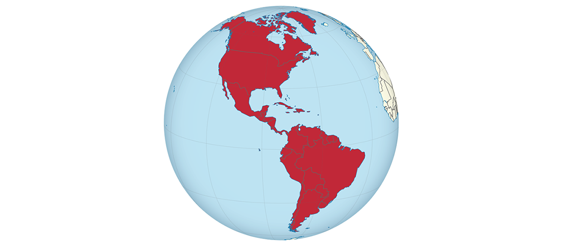 A graphic of a globe of the earth with North and South America highlighted in red