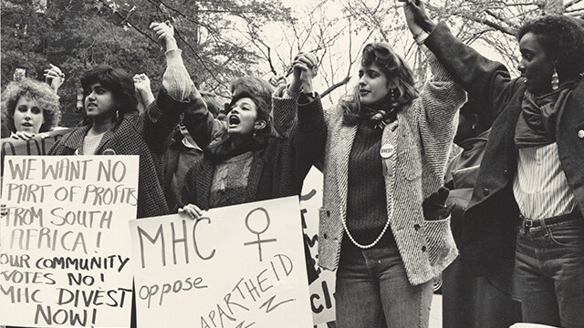 A 1985 photograph of Mount Holyoke students protesting apartheid on the College campus is the kind of artifact current students came across as they researched on the history of student activism.